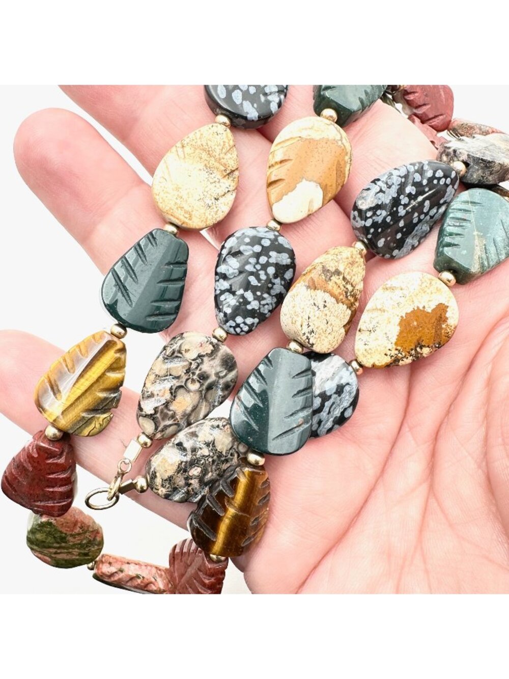 Vintage Womens Necklace Gold Filled Carved Gemstone 24" Ukanite Jasper Obsidion